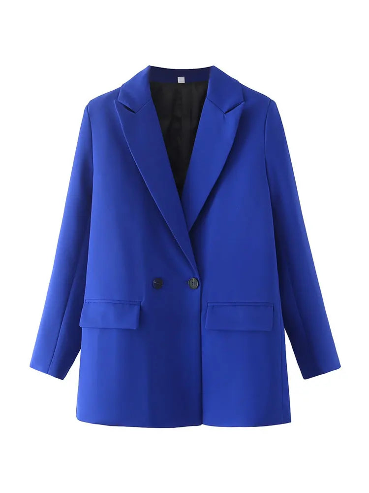 TRAF Women Chic Office Lady Double Breasted Blazer - Vintage Notched Collar Long Sleeve Coat