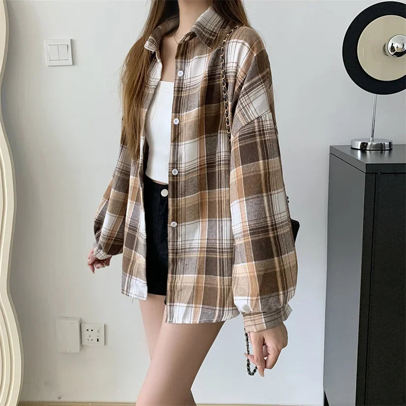 Plaid Shirt for Women, Autumn Long Sleeve Top, Vintage Fashion Blouse