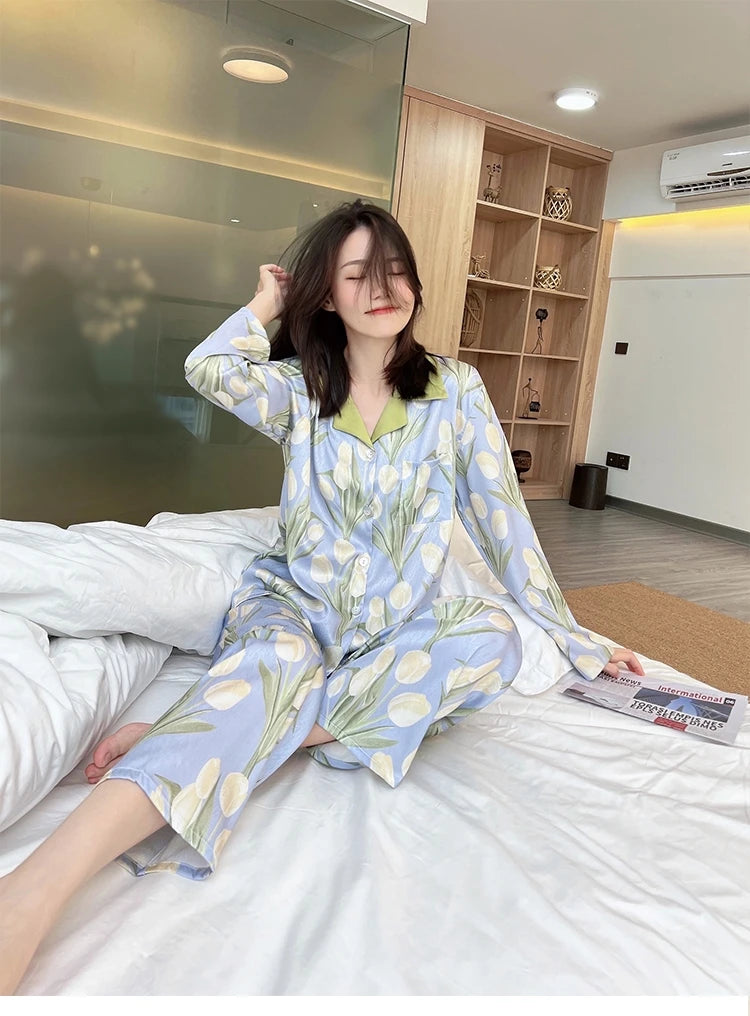 2023 Spring Autumn Ice Silk 2-Piece Women's Pajamas Set – Fashion Cardigan & Sweet Print Loungewear