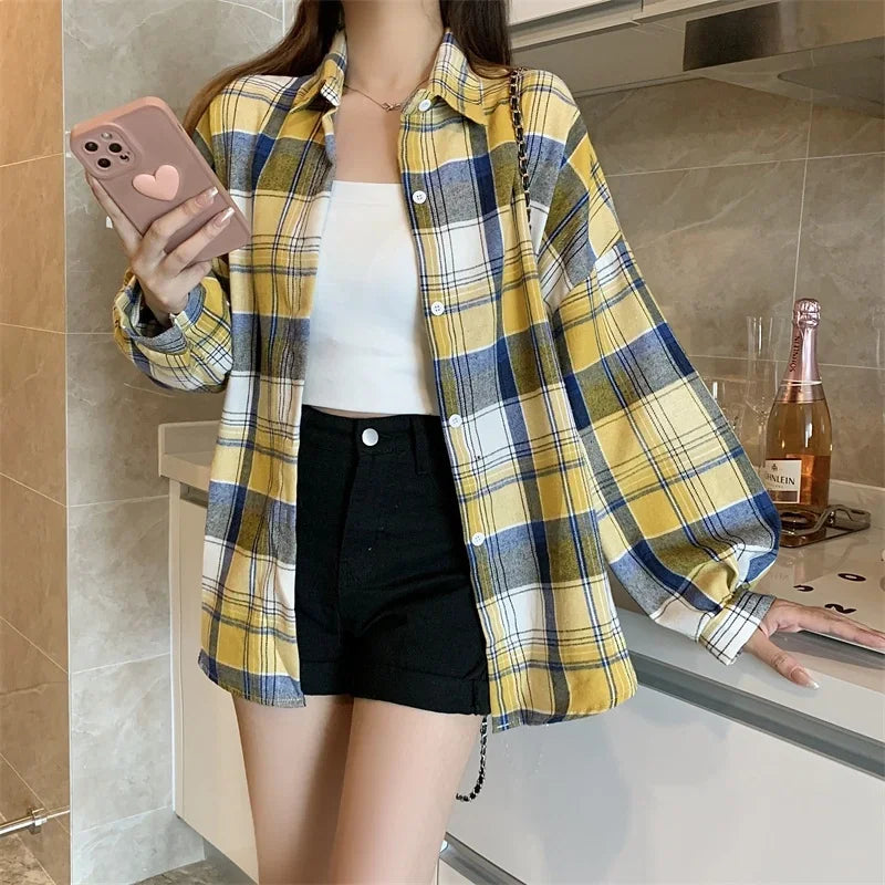 Plaid Shirt for Women, Autumn Long Sleeve Top, Vintage Fashion Blouse