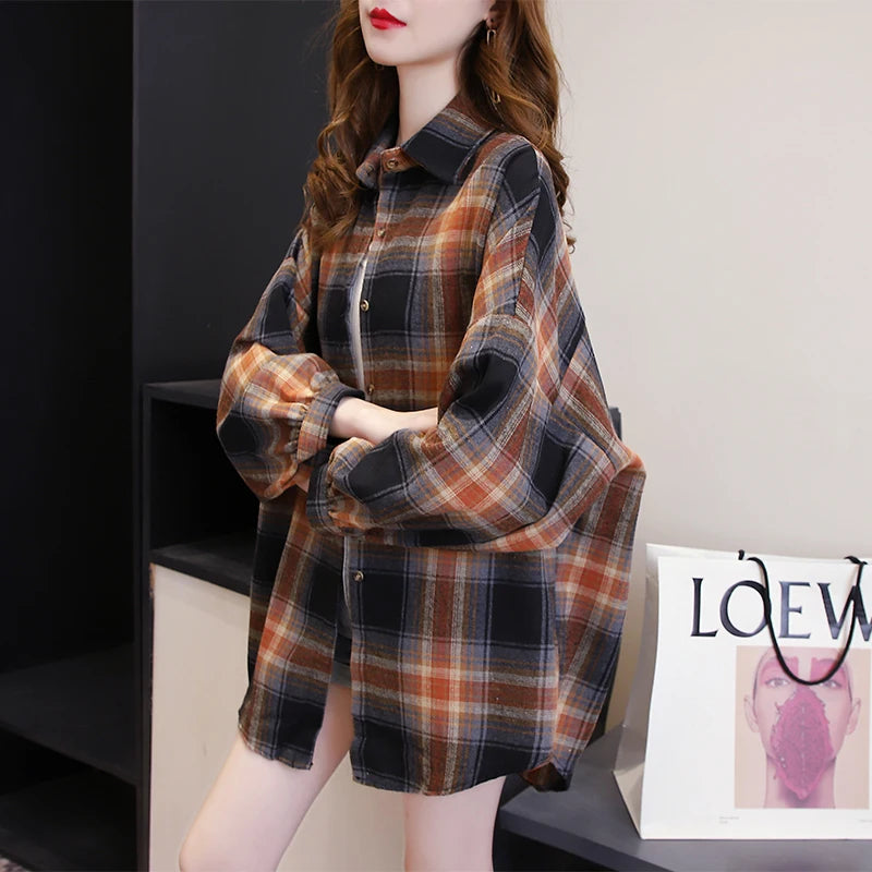 Plaid Shirt for Women, Autumn Long Sleeve Top, Vintage Fashion Blouse