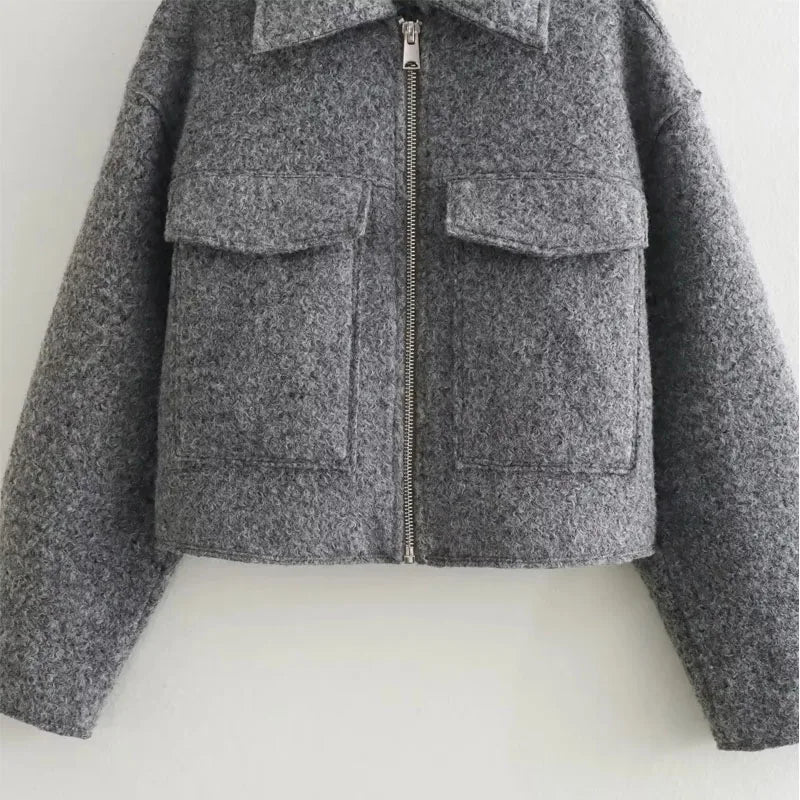 TRAF Autumn Winter Cropped Jacket for Women - Tweed Zip Crop Coat