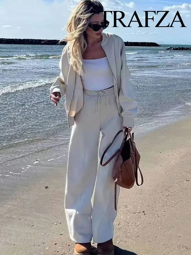 TRAFZA Women's 2-Piece Retro Zipper Bomber Jacket Sweatshirt & High-Waisted Velvet Pants Suit