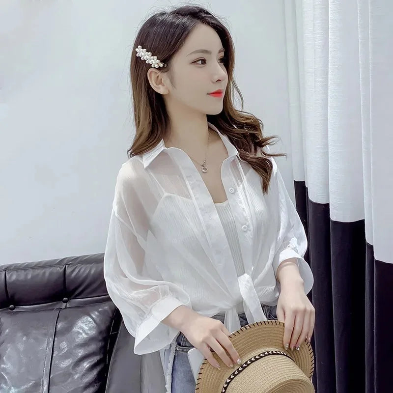 Casual Loose White Chiffon Blouse with Tied Waist for Women