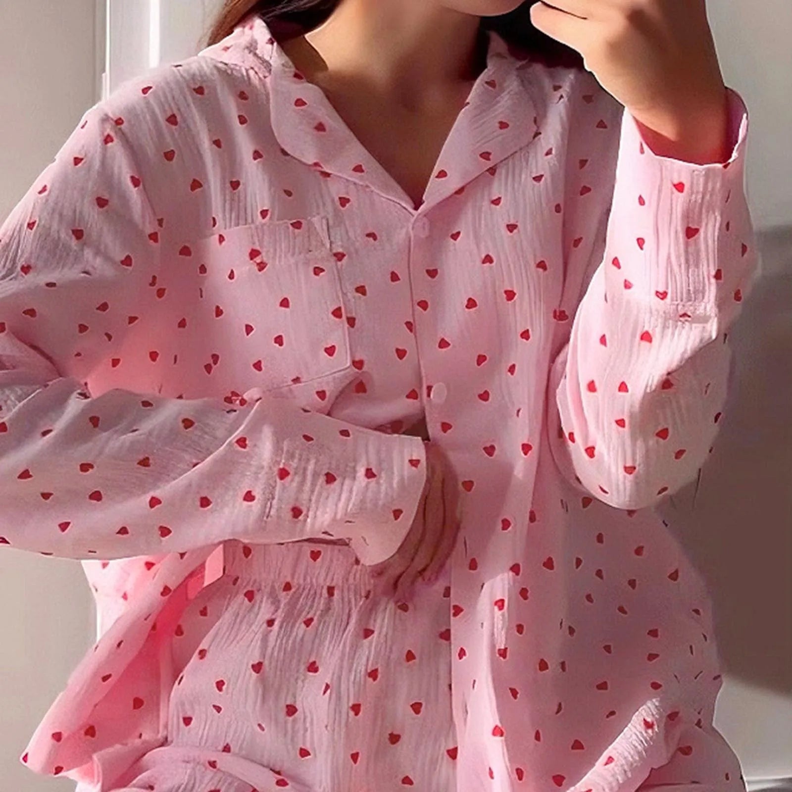 Valentine'S Day Women’S 2 Piece Pajamas Set Long Sleeve Lapel Neck Heart Print Button Up Shirt + Shorts Set Loungewear Outfit