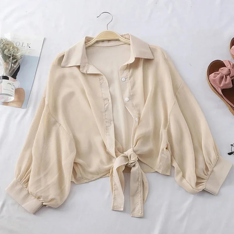 Casual Loose White Chiffon Blouse with Tied Waist for Women