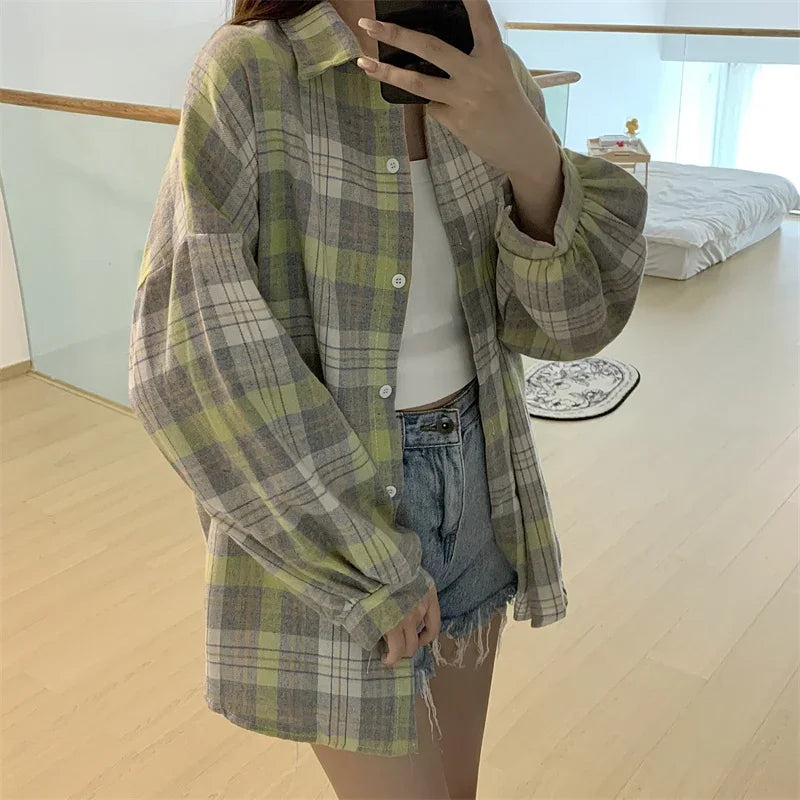 Plaid Shirt for Women, Autumn Long Sleeve Top, Vintage Fashion Blouse