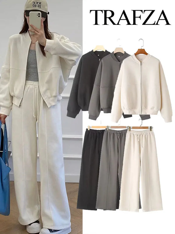 TRAFZA Women's 2-Piece Retro Zipper Bomber Jacket Sweatshirt & High-Waisted Velvet Pants Suit