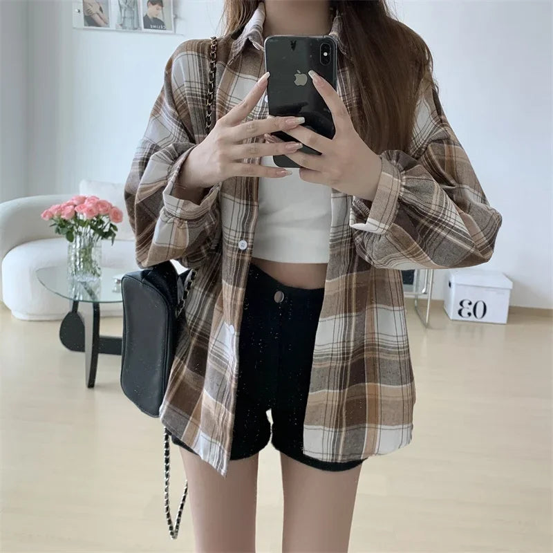 Plaid Shirt for Women, Autumn Long Sleeve Top, Vintage Fashion Blouse