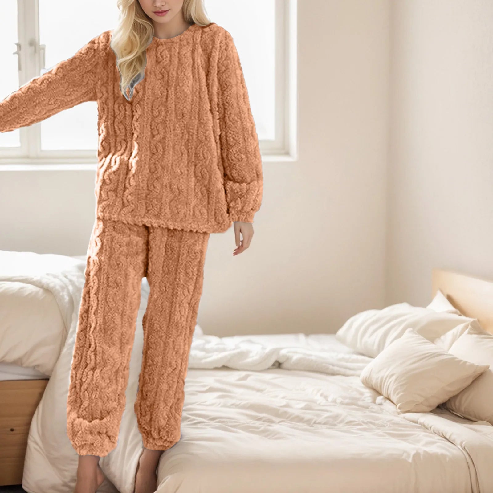 Winter Fuzzy Warm Pajamas Suit For Women Cozy Fleece Oversized Pullover Top And Pants Suit Female Loungewear 2 Piece Sets