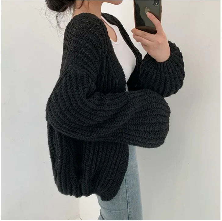 Vintage Harajuku Lantern Sleeve Women Cardigan Sweater – Casual Korean Fall Streetwear