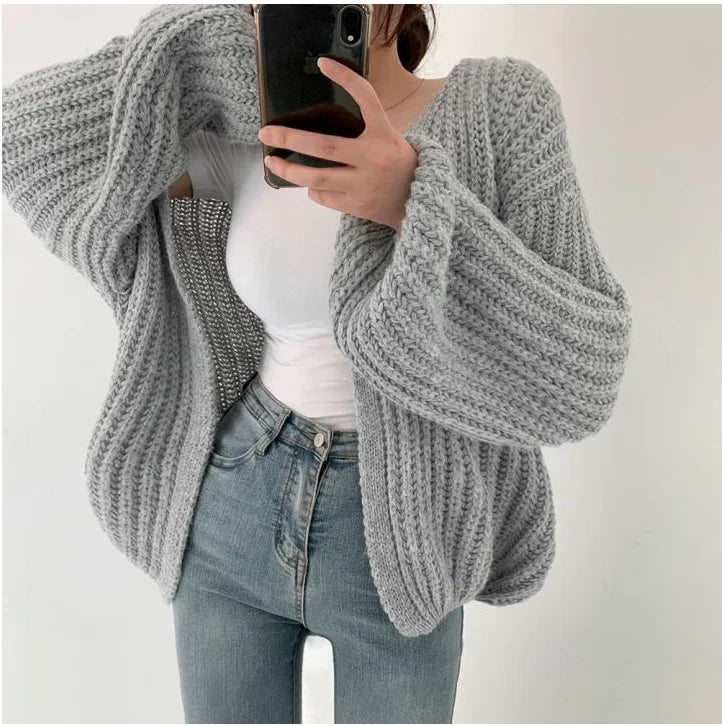 Vintage Harajuku Lantern Sleeve Women Cardigan Sweater – Casual Korean Fall Streetwear