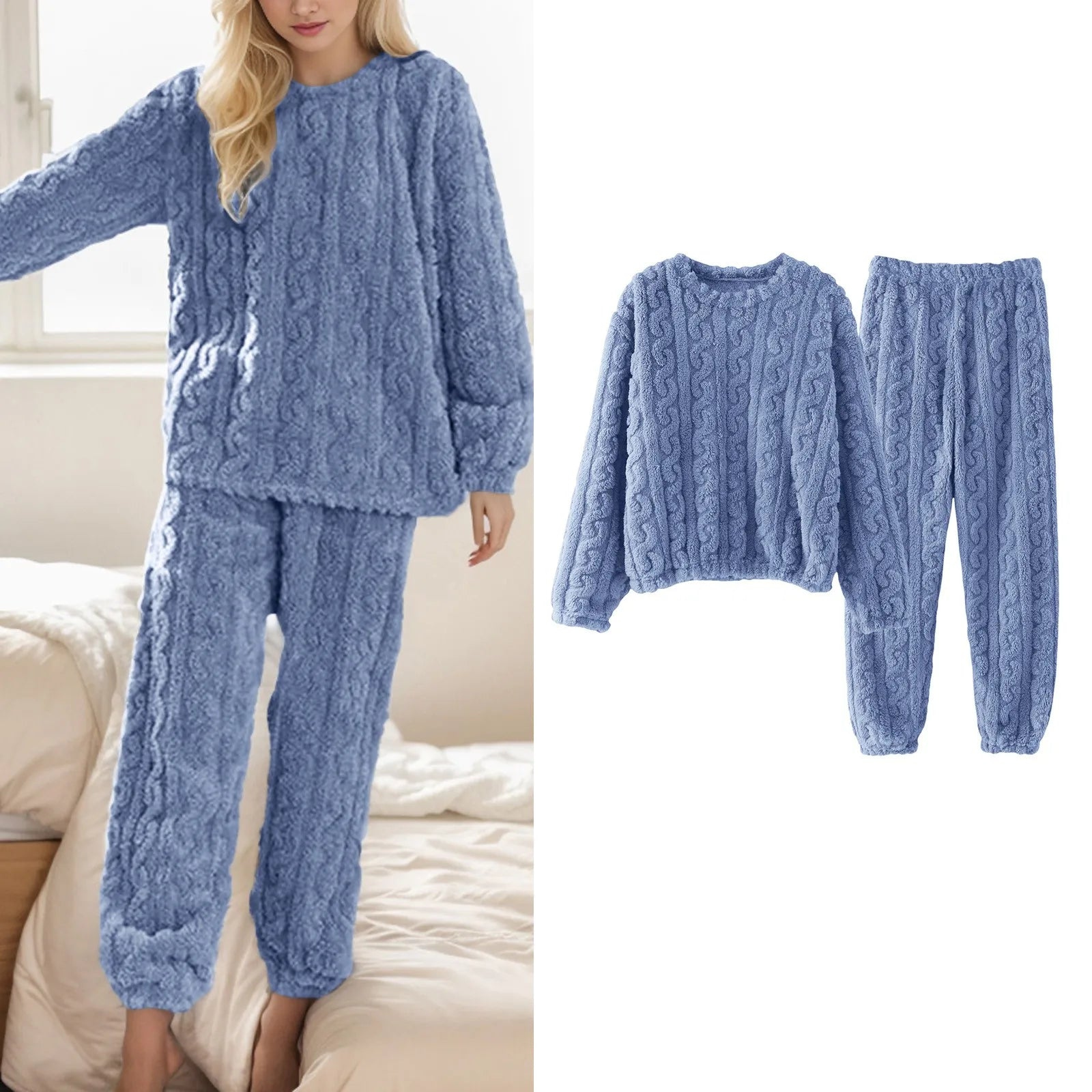 Winter Fuzzy Warm Pajamas Suit For Women Cozy Fleece Oversized Pullover Top And Pants Suit Female Loungewear 2 Piece Sets