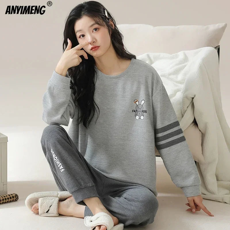 New Autumn Winter Waffle Cotton Pajamas for Women - Long Sleeves Sleepwear