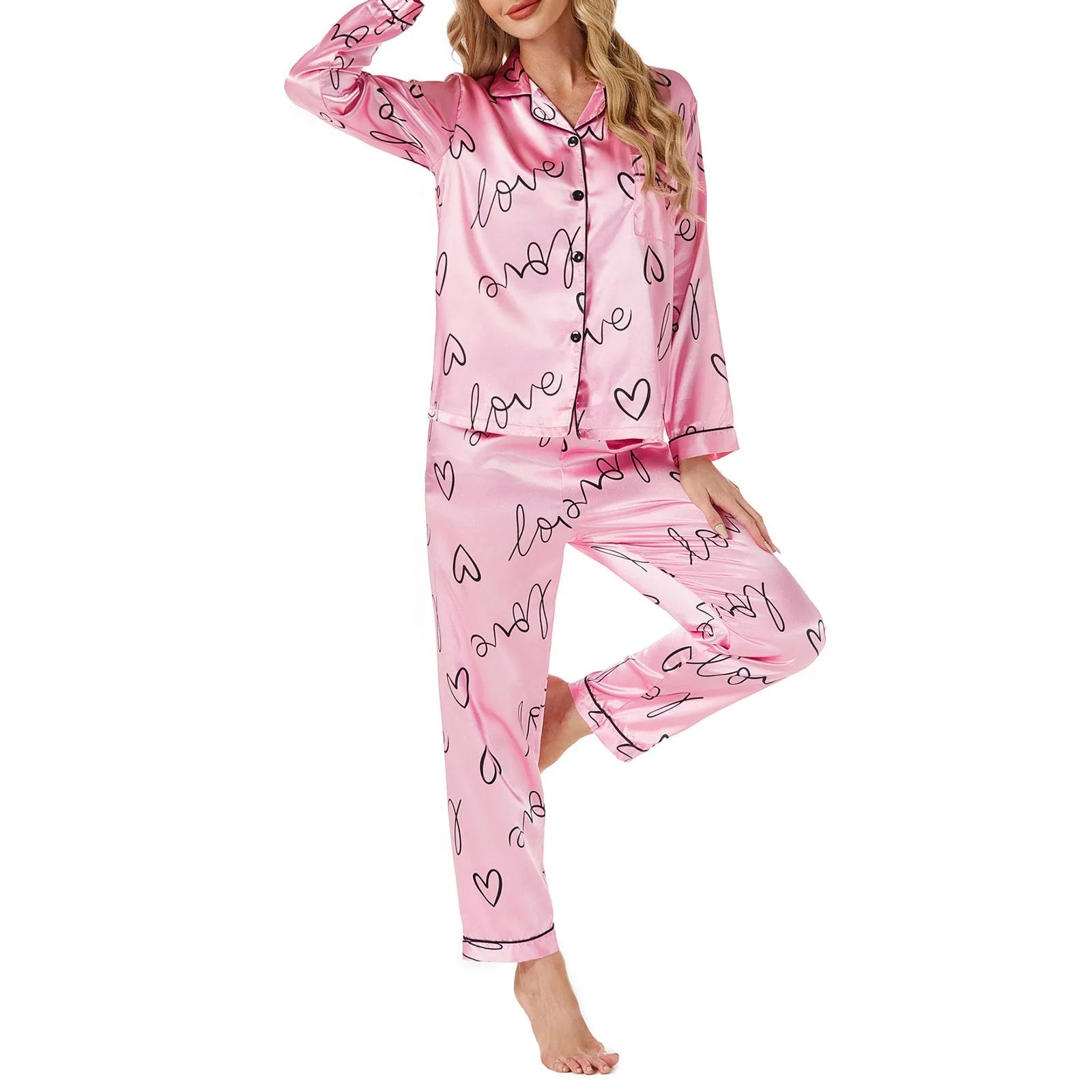 Home Clothes Women's Autumn Printed Soft Satin Single Breasted Lapel Long Sleeve Shirts With Trouser Loungewear Pajama Sets