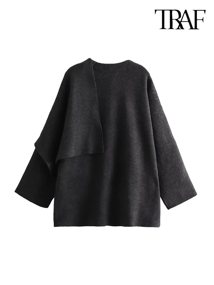 TRAF Women's Fashion Fall Winter Chic Knitted Asymmetric Jacket with Split Hem
