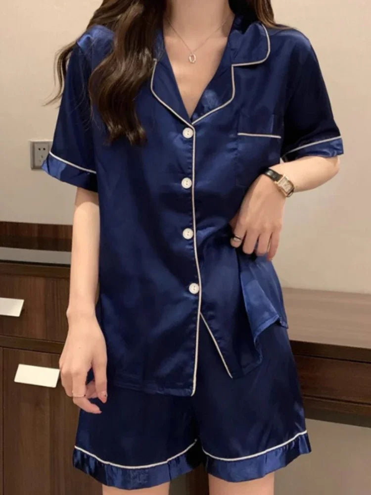 Solid Women Faux Silk Pajama Set – Summer Korean Fashion 2-Piece Sleepwear