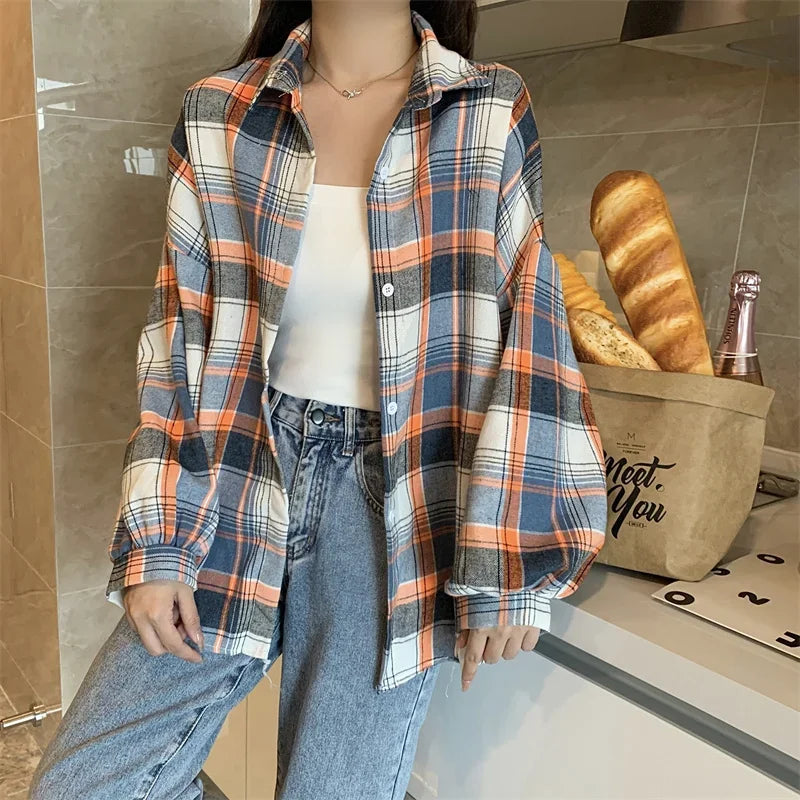 Plaid Shirt for Women, Autumn Long Sleeve Top, Vintage Fashion Blouse