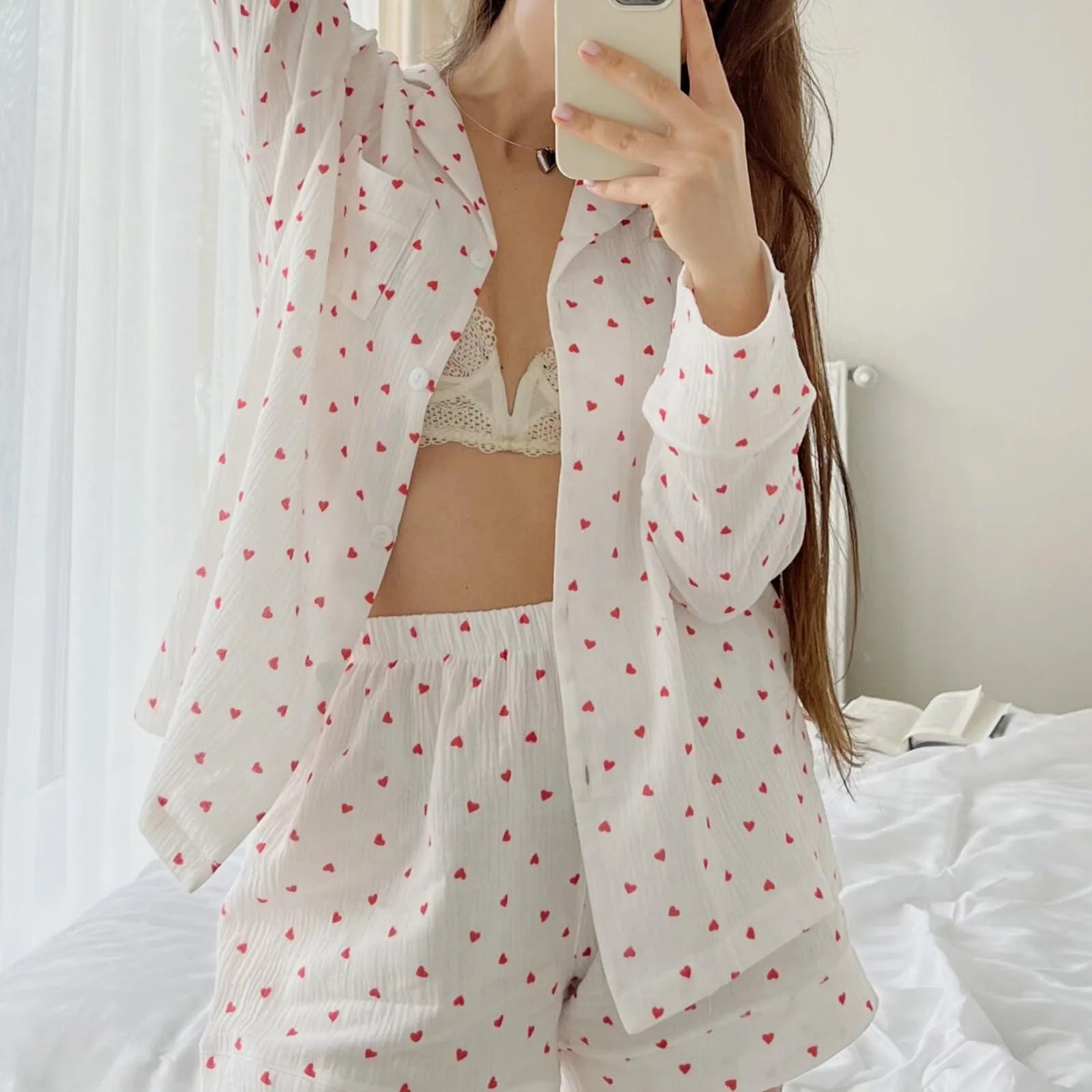 Valentine'S Day Women’S 2 Piece Pajamas Set Long Sleeve Lapel Neck Heart Print Button Up Shirt + Shorts Set Loungewear Outfit