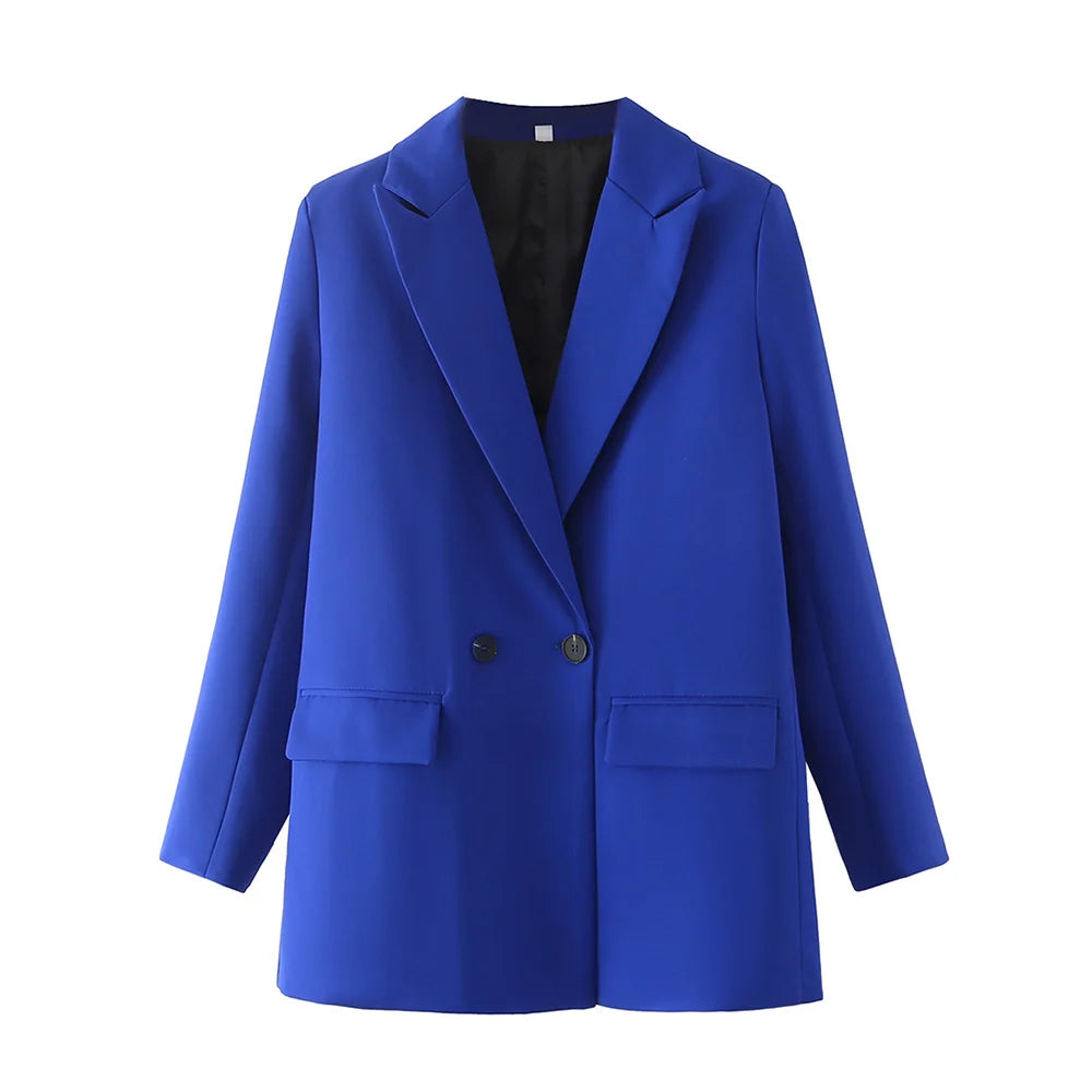 TRAF Women Chic Office Lady Double Breasted Blazer - Vintage Notched Collar Long Sleeve Coat