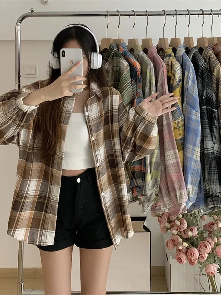 Plaid Shirt for Women, Autumn Long Sleeve Top, Vintage Fashion Blouse