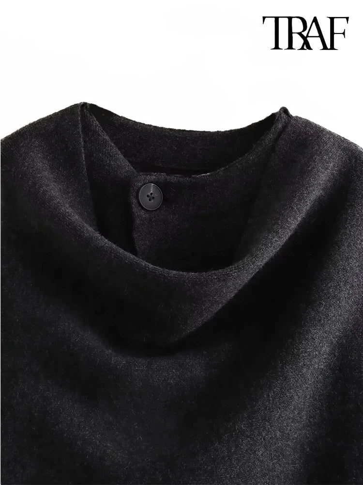 TRAF Women's Fashion Fall Winter Chic Knitted Asymmetric Jacket with Split Hem