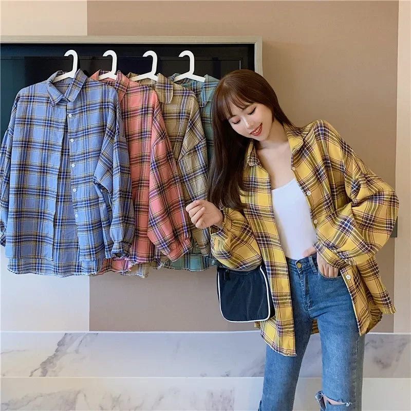 Plaid Shirt for Women, Autumn Long Sleeve Top, Vintage Fashion Blouse