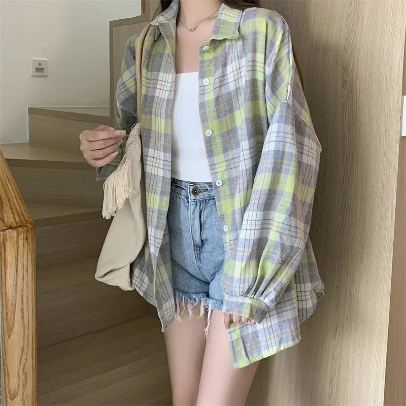 Plaid Shirt for Women, Autumn Long Sleeve Top, Vintage Fashion Blouse