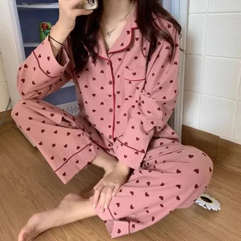 2024 Korean Style Elegant Long Sleeve Women's Pajama Set – Comfortable Lapel Loungewear