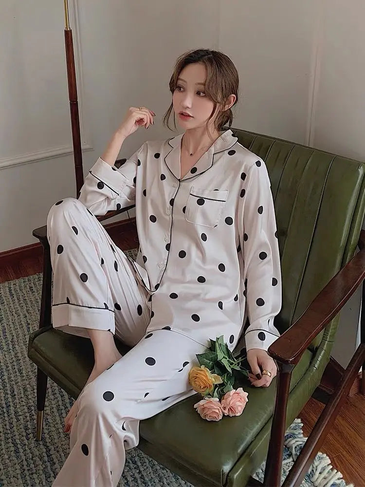 2023 Spring Autumn Ice Silk 2-Piece Women's Pajamas Set – Fashion Cardigan & Sweet Print Loungewear