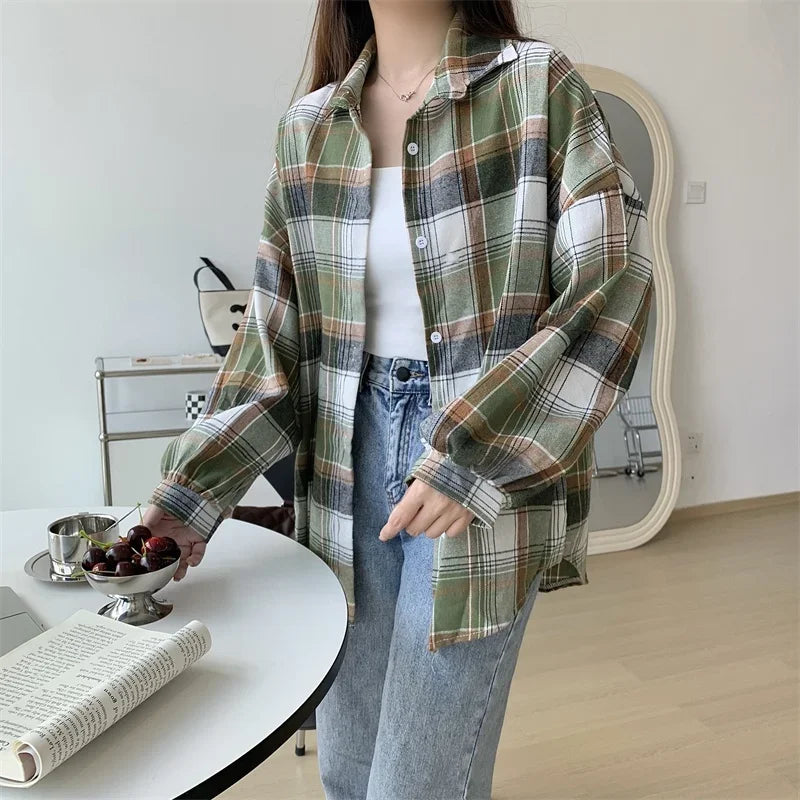 Plaid Shirt for Women, Autumn Long Sleeve Top, Vintage Fashion Blouse