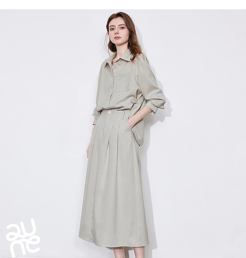 TOYOUTH Women Two-Piece Set Spring 2025 Long Sleeve Shirt & Mid-Length Skirt