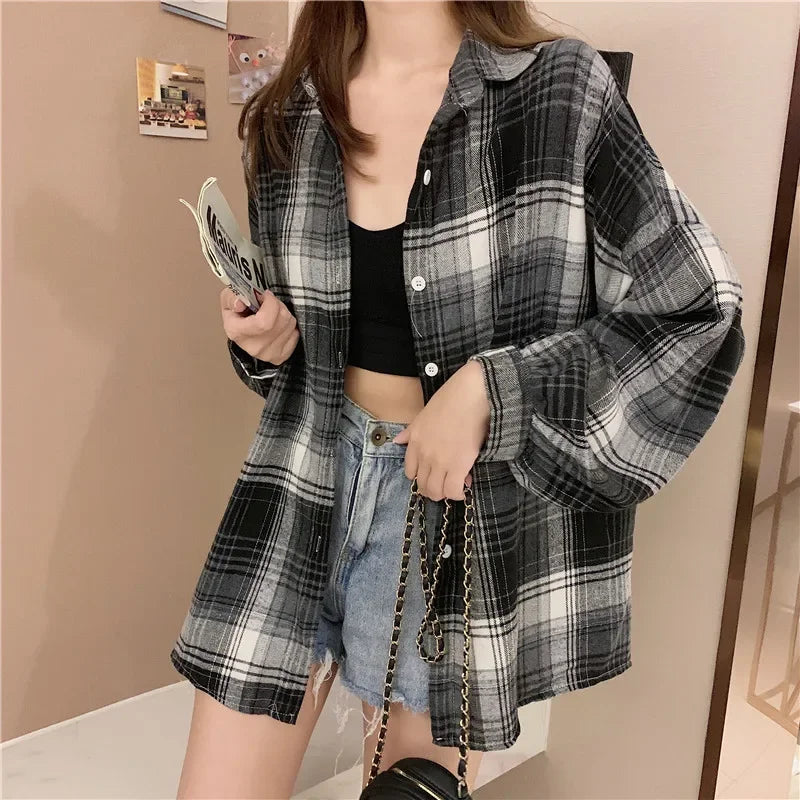 Plaid Shirt for Women, Autumn Long Sleeve Top, Vintage Fashion Blouse