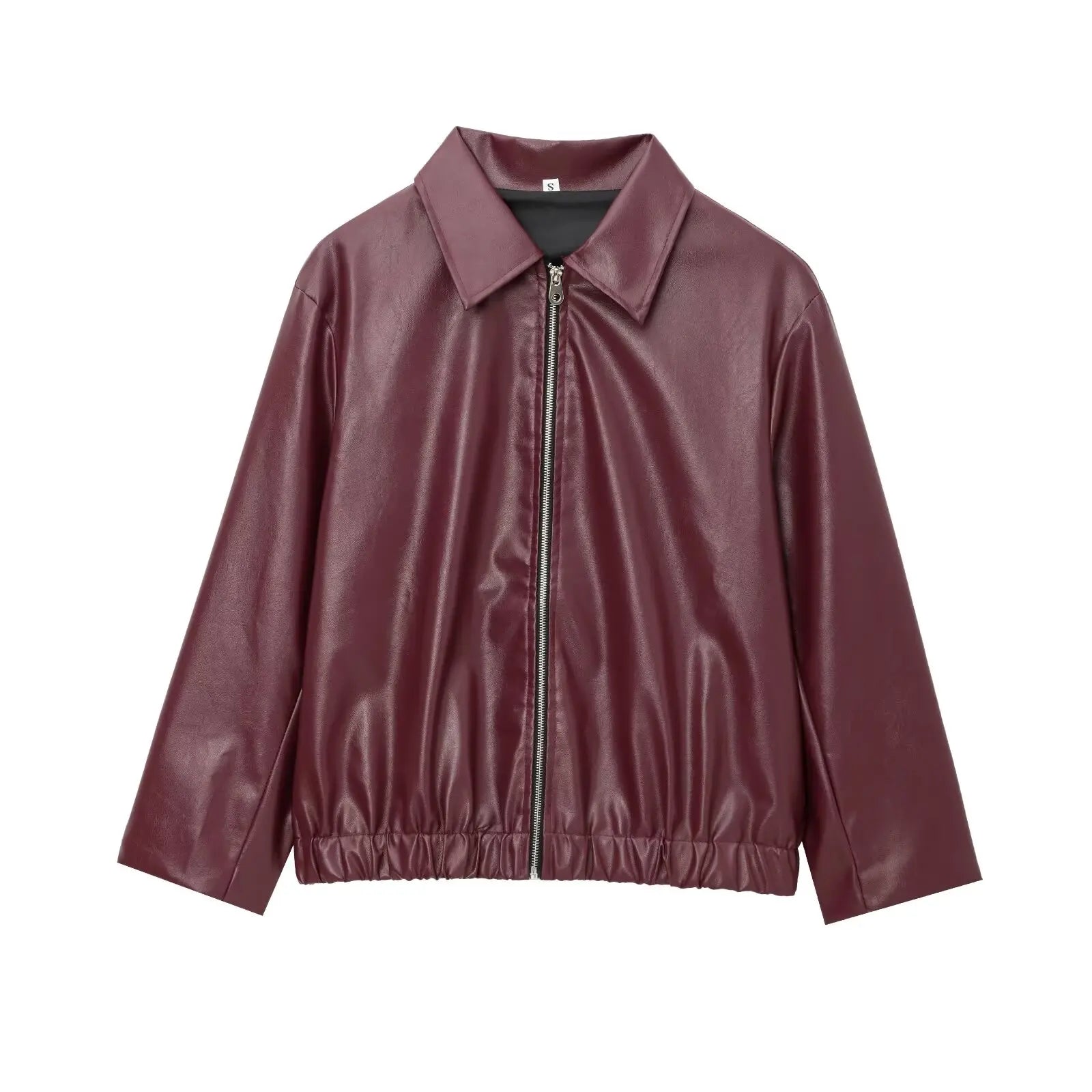 TRAFZA Wine Red Faux Leather Jacket for Women – Thicken Zipper Lapel Coat for Autumn & Winter