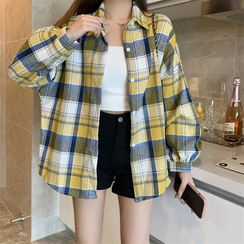 Plaid Shirt for Women, Autumn Long Sleeve Top, Vintage Fashion Blouse