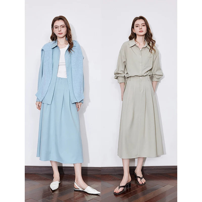 TOYOUTH Women Two-Piece Set Spring 2025 Long Sleeve Shirt & Mid-Length Skirt