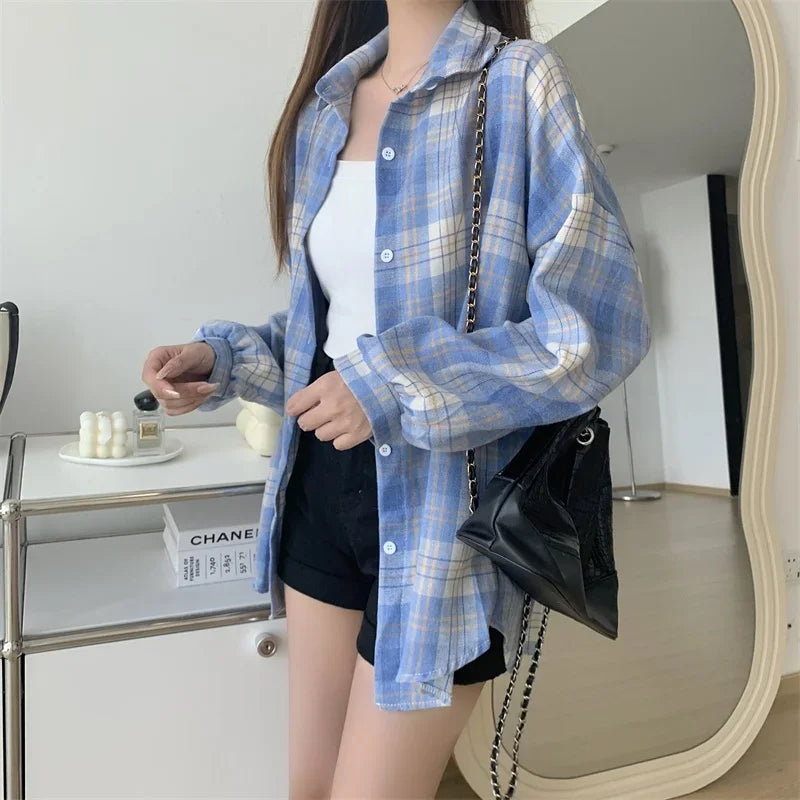 Plaid Shirt for Women, Autumn Long Sleeve Top, Vintage Fashion Blouse