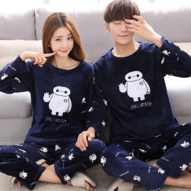 2pcs Fall Winter Coral Fleece Pajamas Set for Couples - Warm & Cozy