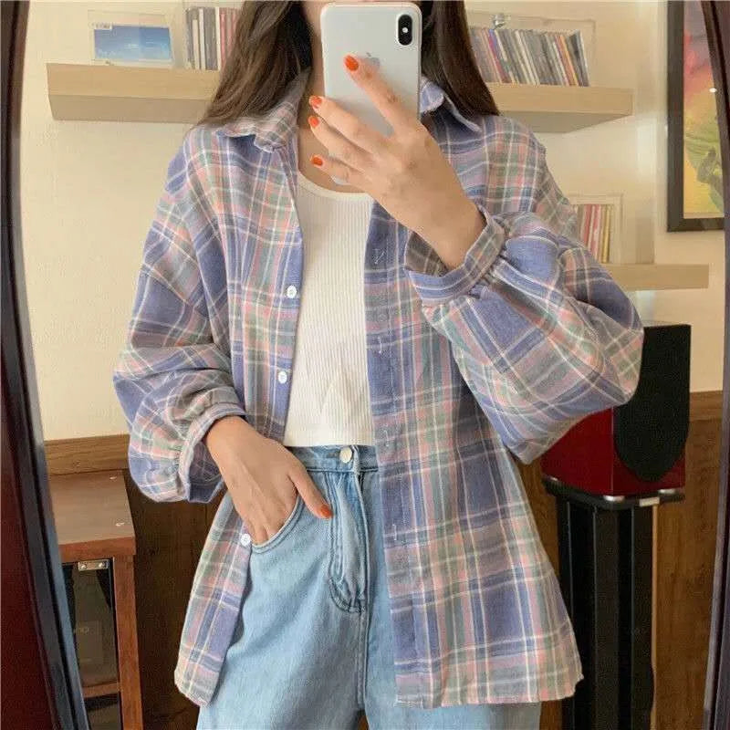 Plaid Shirt for Women, Autumn Long Sleeve Top, Vintage Fashion Blouse