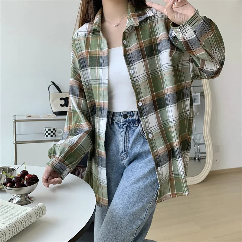 Plaid Shirt for Women, Autumn Long Sleeve Top, Vintage Fashion Blouse