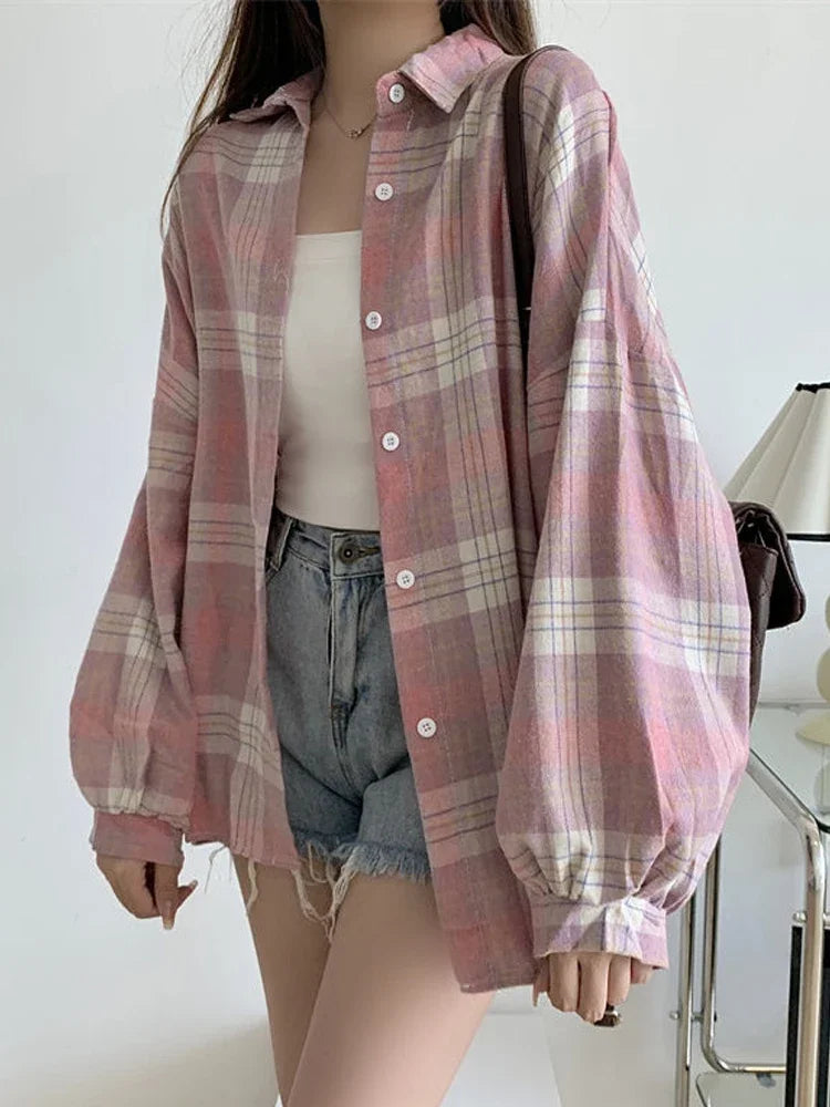 Plaid Shirt for Women, Autumn Long Sleeve Top, Vintage Fashion Blouse