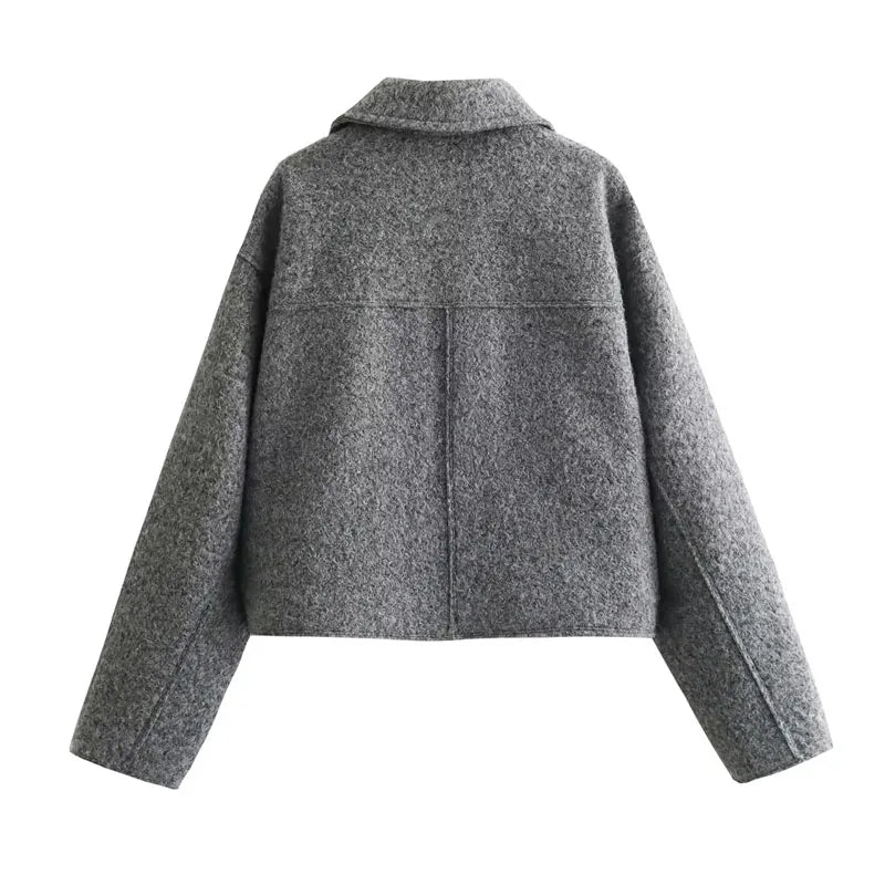 TRAF Autumn Winter Cropped Jacket for Women - Tweed Zip Crop Coat