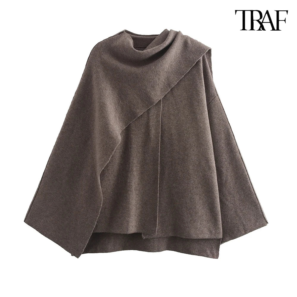 TRAF Women's Fashion Fall Winter Chic Knitted Asymmetric Jacket with Split Hem