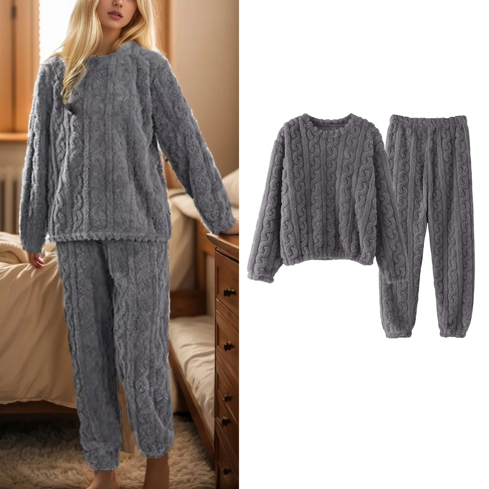 Winter Fuzzy Warm Pajamas Suit For Women Cozy Fleece Oversized Pullover Top And Pants Suit Female Loungewear 2 Piece Sets