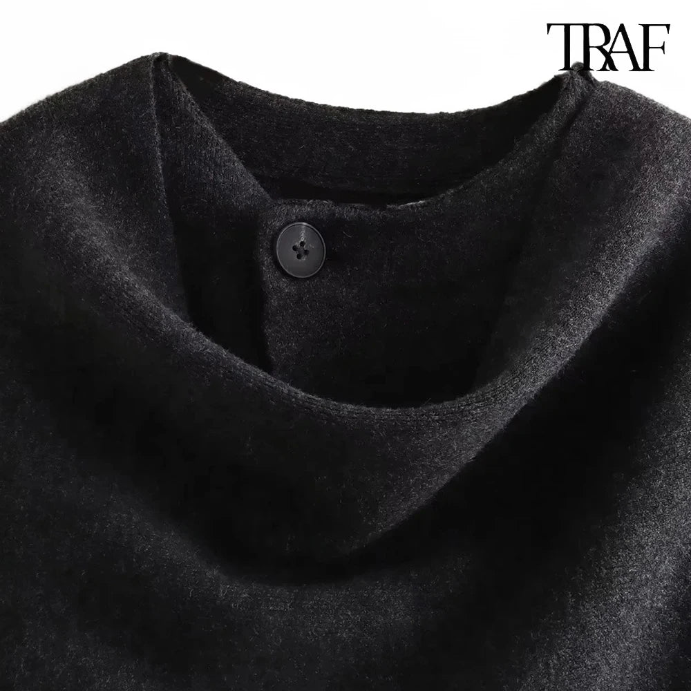 TRAF Women's Fashion Fall Winter Chic Knitted Asymmetric Jacket with Split Hem