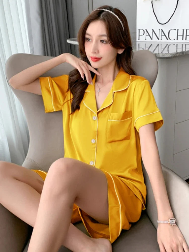 Solid Women Faux Silk Pajama Set – Summer Korean Fashion 2-Piece Sleepwear