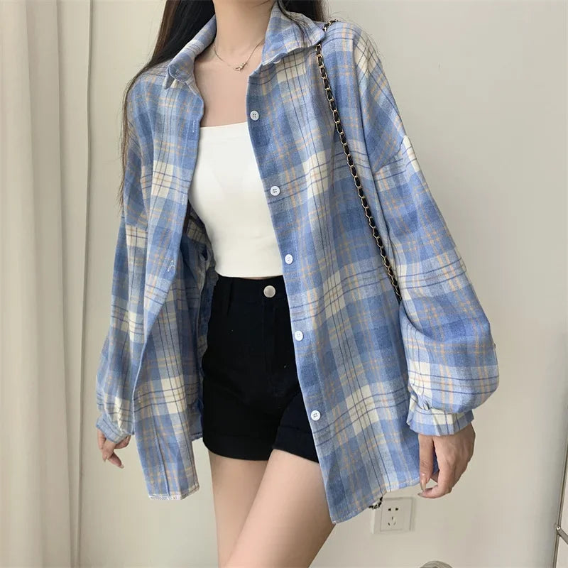 Plaid Shirt for Women, Autumn Long Sleeve Top, Vintage Fashion Blouse