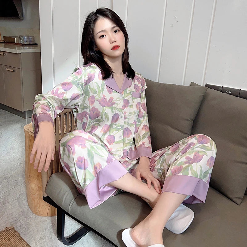 2023 Spring Autumn Ice Silk 2-Piece Women's Pajamas Set – Fashion Cardigan & Sweet Print Loungewear