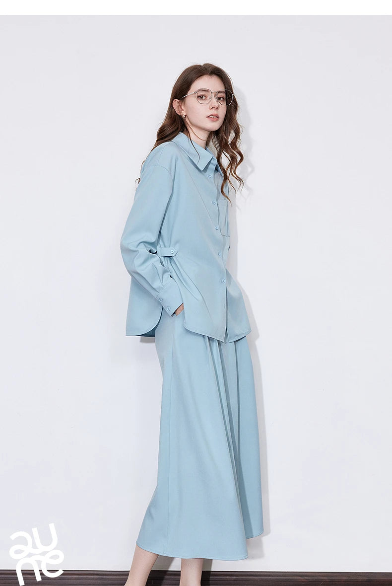 TOYOUTH Women Two-Piece Set Spring 2025 Long Sleeve Shirt & Mid-Length Skirt