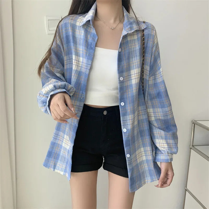 Plaid Shirt for Women, Autumn Long Sleeve Top, Vintage Fashion Blouse